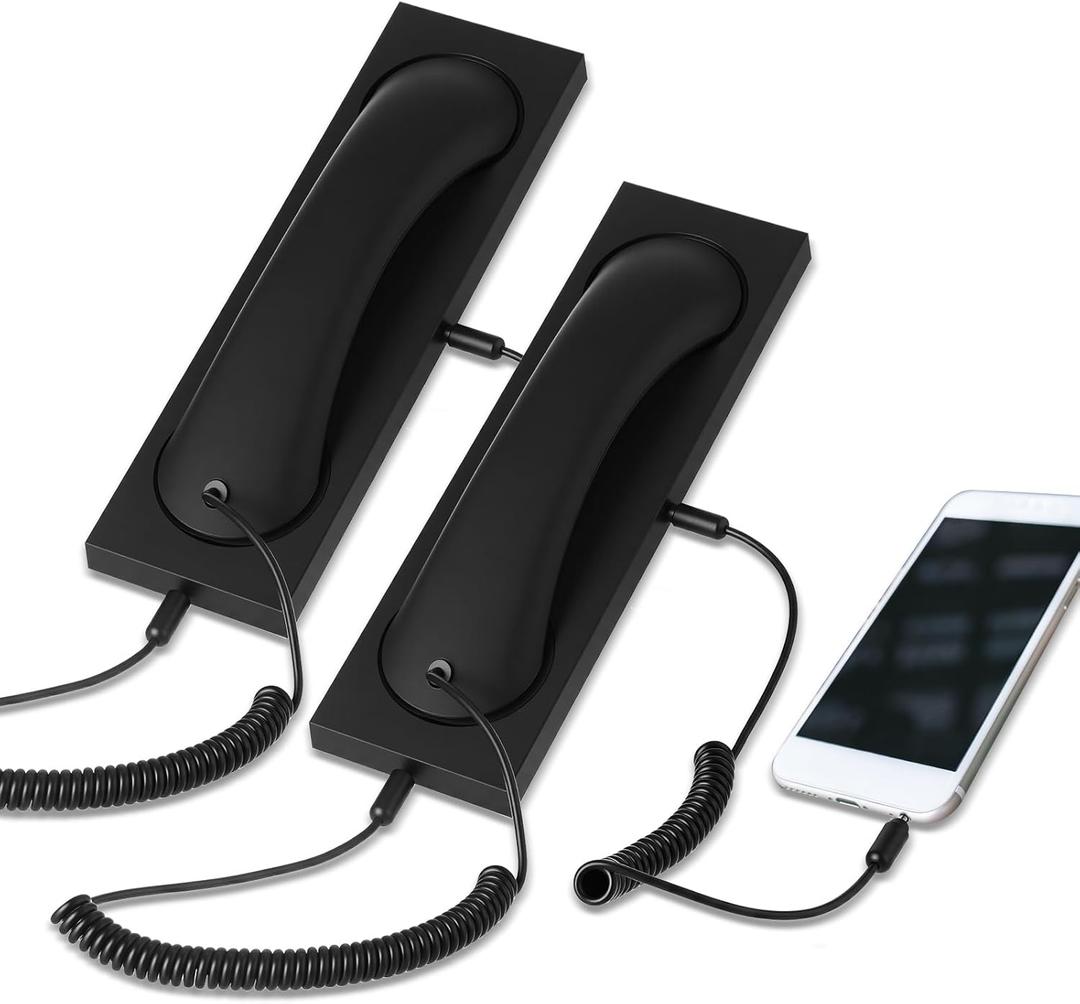 2 Pack Retro Phone Handset for Cell Phone, 3.5mm Vintage Telephone Receiver with Microphone and Speaker, Anti Radiation Handset, Old School Landline Adapter for Mobile Cellphone, Black