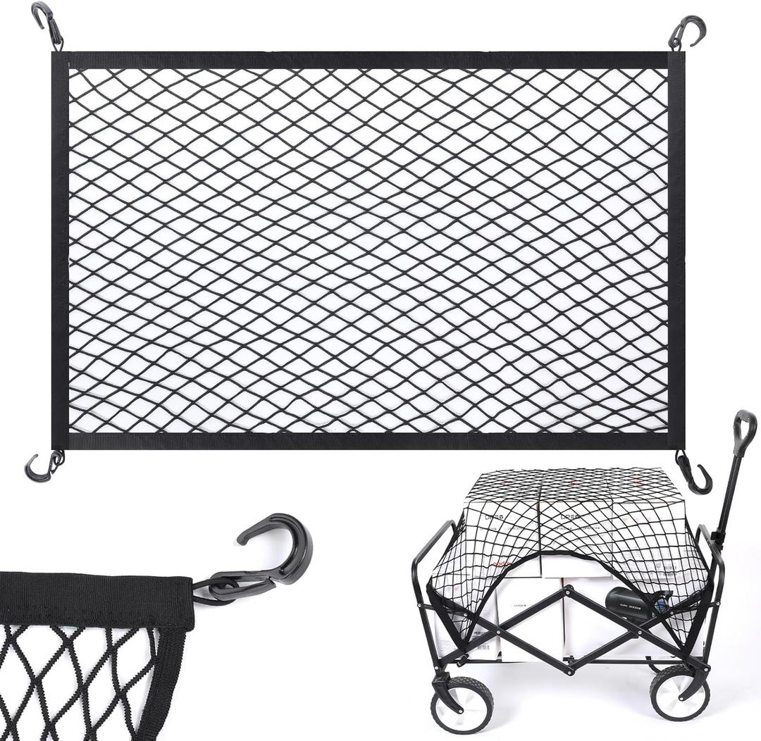 Wagon Cargo Net for Collapsible Foldable Wagon, Beach Cart, Garden Cart Cover Net - Elastic Heavy Duty Nylon Net with 4 Hooks - Outdoor Wagon Accessories (40"24", Black)