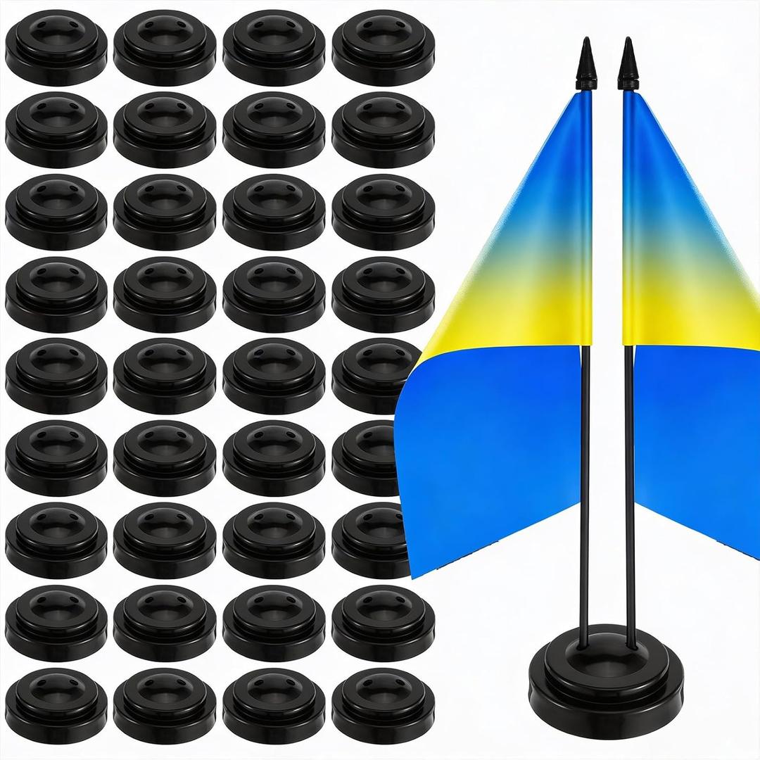 30 Pcs Mini Flag Holder with Sticks, Black Double Pole Flag Stands Base for 4x6 Inch Desk Table Stick Flags, Office Conference Room Party Decor