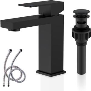 KENES Matte Black Single Handle Bathroom Sink Faucet, Stainless Steel Vanity Faucet for Bathroom Sink, with Pop Up Drain Stopper & Water Supply Hoses LJ-9031-2, Short, Matte Black