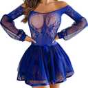 Avidlove Halloween Sexy Lingerie for Women Naughty Outfits Long Sleeve Dress Lace Fish Net Babydoll Mesh Chemise Boudoir (Medium, Blue)