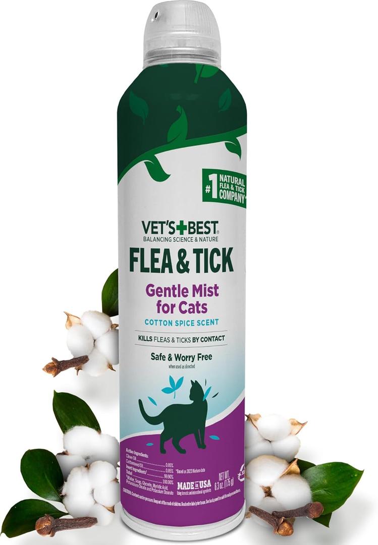 Vets Best Natural Flea & Tick Mist for Cats  Plant-Powered Spray with Cotton Spice Scent  Natural Flea Prevention and Pest Control  Gentle Formula for Indoor Use  Safe for Pets  6.3 oz
