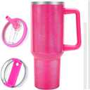 40 oz Tumbler with Handle and Flip Straw Lid, Vacuum Insulated Leak Proof Double Walled Stainless Steel Glitter Travel Mug Tumblers, Maintains Cold Ice and Heat for Hours(Hot Pink)