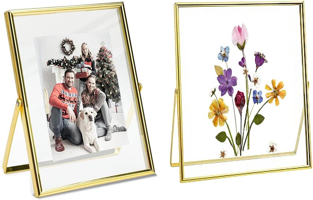 6x8" Gold Picture Frames Set of 2,Glass Frames for Pressed Flowers 6"x8" Floating Picture Frame for Photo (4x5,4x6,5x6,5x7in Float Effect),up to 6 by 8" Full Size Display,for Wedding/Postcard/Collage