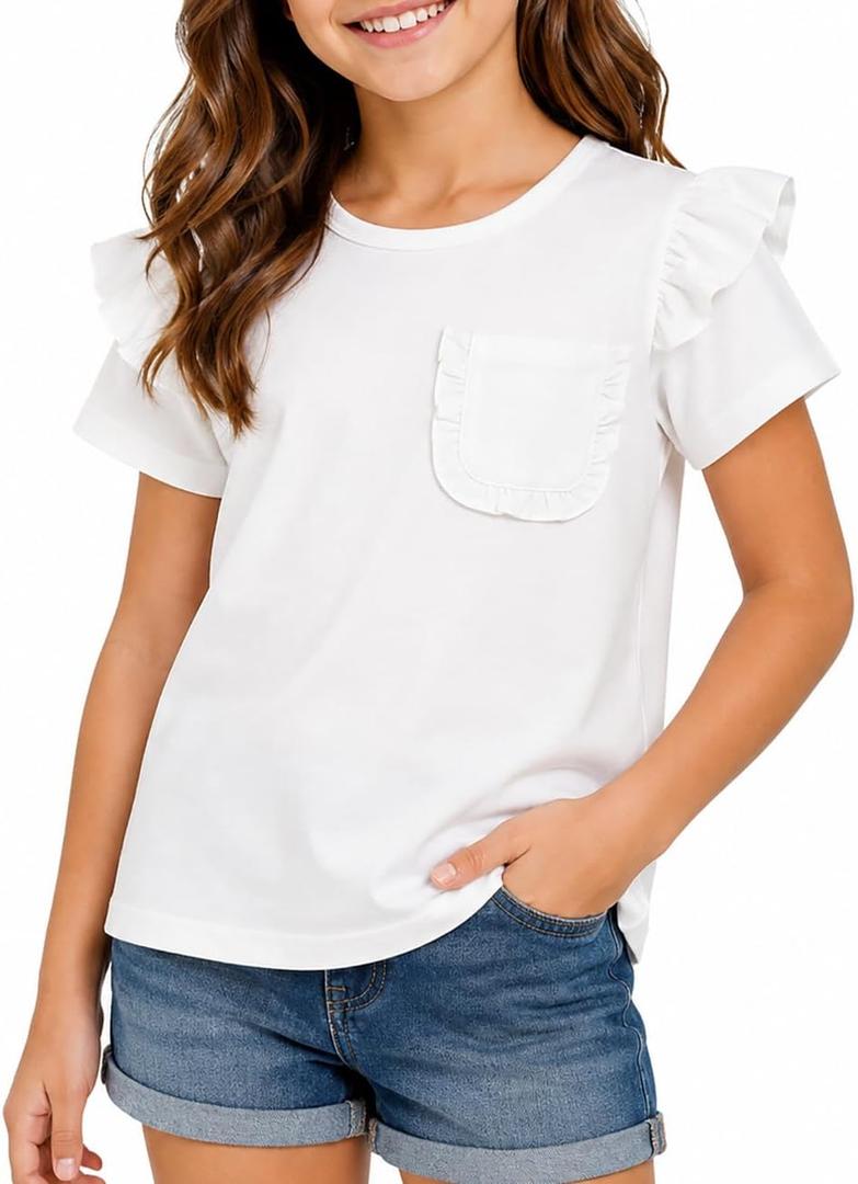 Girls Flutter Sleeve Tops Short Sleeve Summer T Shirts with Ruffle Trim Pocket White Blouse White 11-12 Years (White)
