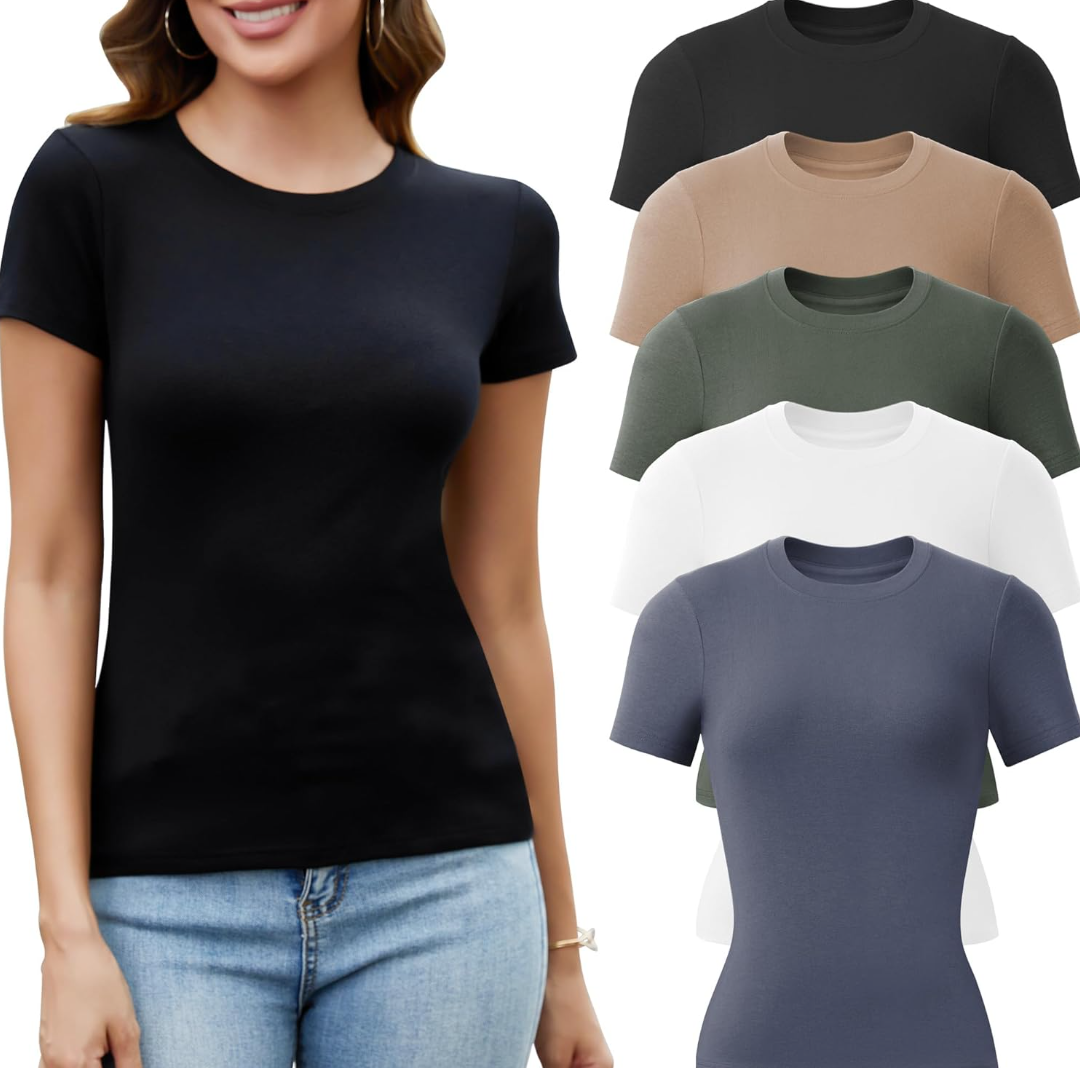 Pack Crew Neck T Shirts for Women Daily Casual Womens Fitted Tshirt Basic Tops for Women Stretchy Womens Tees M