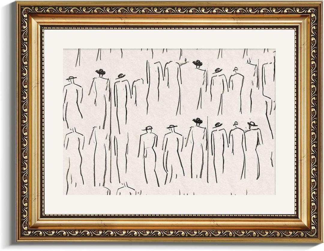 VIYYIEA Gold Framed Wall Art Canvas Print Home Decor Abstract Wall Art Room Decor Minimalist Portrait Artwork Shelf Decorations Vintage Bathroom Prints Line-Drawn Pictures Farmhouse Office 11x14in (14L" x 11W", Crowds)