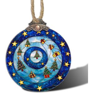 2 x DASTOLL Stained Glass Christmas Decorations, Blue and Gold Star Gift Box Suncatcher for Window Christmas Tree Hanging Ornaments Sun Catcher Xmas Decor Gifts for Women Men Mom Nana Friend (3.1x3.5IN)