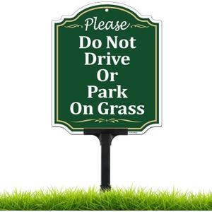 Please Do Not Drive or Park on Grass Yard Sign with Adjustable Height Stake Set, Keep Off Grass Sign, 12x10 Inch/44 Inch High-50 Mil Thick Rust- Free Aluminum, Plug and Play Ready