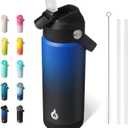 BJPKPK Insulated Water Bottle with Straw Lid, 18oz Thermo Water Bottles, Flex Handle & Non-slip Boot, BPA Free Leak Proof Stainless Steel Metal Thermo, Tumblers, Cups, Black Blue