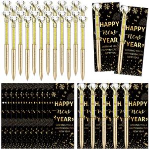 50 Set Happy New Year Party Favor for Guest Crystal Diamond Ballpoint Pens with Greeting Cards Bags Golden Ties Thank You Gifts Thanks for New Years Eve Parties Supplies