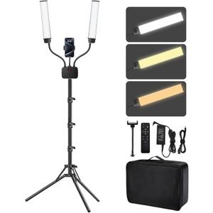 Selfie Light with 75'' Tripod Stand, Dimmable 3 Color LED Dual Arms Ring Light with Phone Holder & Carry Bag for Lash Tattoo Video Photography 45W 95CRI Tripod Floor Lamp