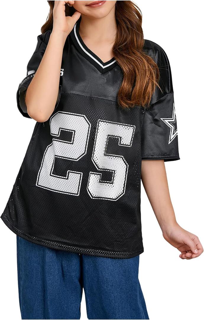 SOLY HUX Girl's Summer Jersey Shirts V Neck Short Sleeve Graphic Tees Oversized T-Shirt Tops (Black)