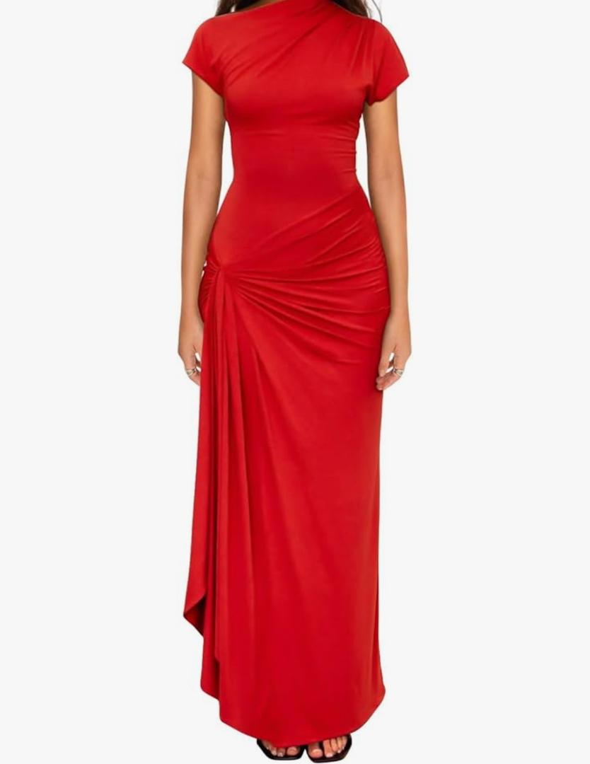 Women Pleated Off The Shoulder Long Formal Gown with Slit, Small