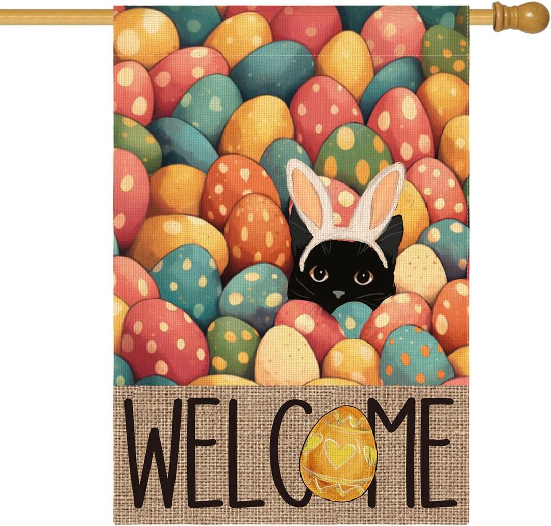 2 x AVOIN colorlife Easter House Flag 28x40 Inch Double Sided Outside, Easter Eggs Bunny Cat Welcome Yard Outdoor Flag