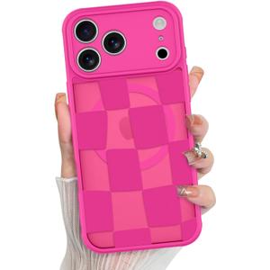 KANGHAR for iPhone 17 Pro Max Case 2025 Checkered Matte Aesthetic Cute Pattern Magnetic [Compatible with Magsafe] Slim Shockproof Full Body Protection for Girls Women -Hot Pink