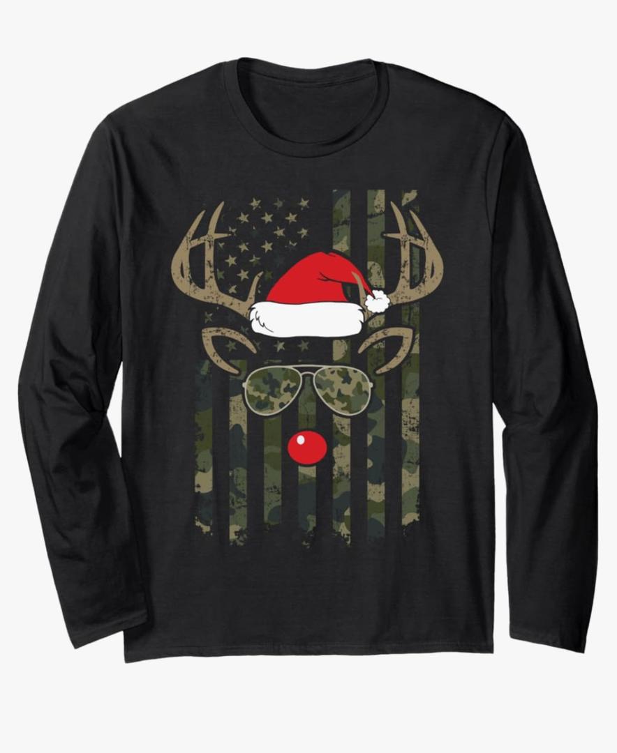 Whitetail Buck Bow Hunter Camo Funny Deer Hunting Christmas Long Sleeve T-Shirt Size 2XL