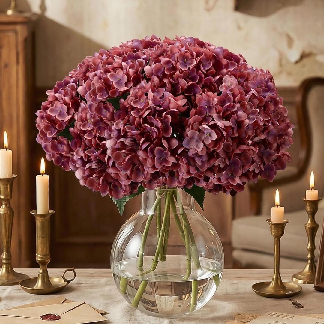 Suncalla 8 Pcs Rose Red Hydrangea Artificial Flowers 18 Inch Spring Faux Hydrangea Flowers with Stems Fake Bouquet Bulk Realistic Floral for Spring Summer Wedding Home Table Indoor Decoration