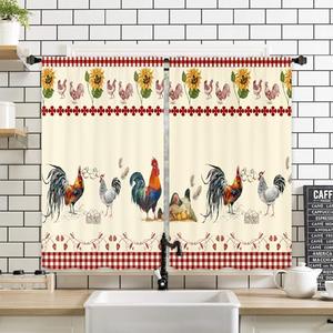  Miyotaa Rooster Chicken Kitchen Window Curtains 2 Panels 27.5W x 39H Rod Pocket Farmhouse Rustic Farm Country Plaid Buffalo Rural Small Short Door Decor Bathroom Drapery Treatment : Home & Kitchen
