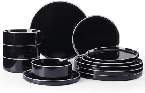 Famiware Nebula Plates and Bowls Sets for 4, 12 Pieces Stoneware Dinnerware Set, Microwave and Dishwasher Safe Dishes Set, Black with White Rim