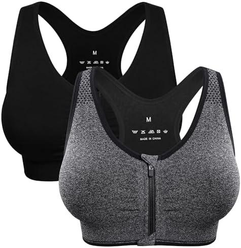 Women's Zip Front Sports Bra Wireless Post-Surgery Bra Active Yoga Sports Bras Size (XL, Gray)