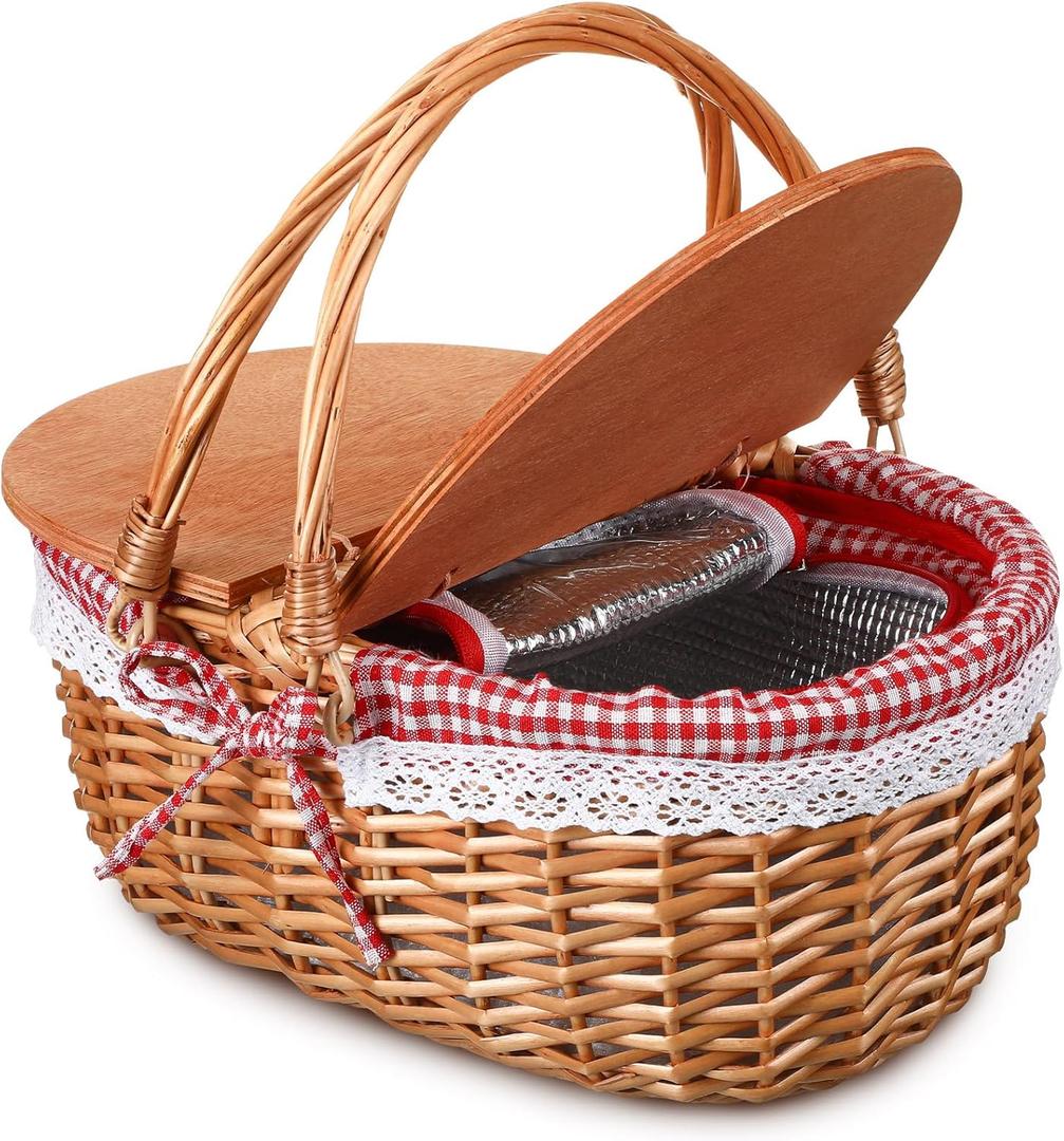 Wicker Insulated Picnic Basket with Lid Wicker Picnic Basket with Folding Handles and Insulated Cooler Bag for Camping Outdoor Easter Valentine Birthday Gift(Red Plaid)