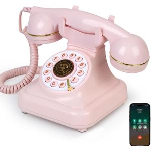 Sangyn Bluetooth Retro Desk Phone with Handset & Speakerphone, Classic Bluetooth Landline Telephone, Bluetooth Home Phone with USB Rechargeable Power, Hands-Free Calling & Music Playback, Pink