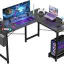 DUMOS L Shaped Computer Desk Wood Corner PC Gaming Table with Side Storage Bag for Home Office Small Spaces,Black