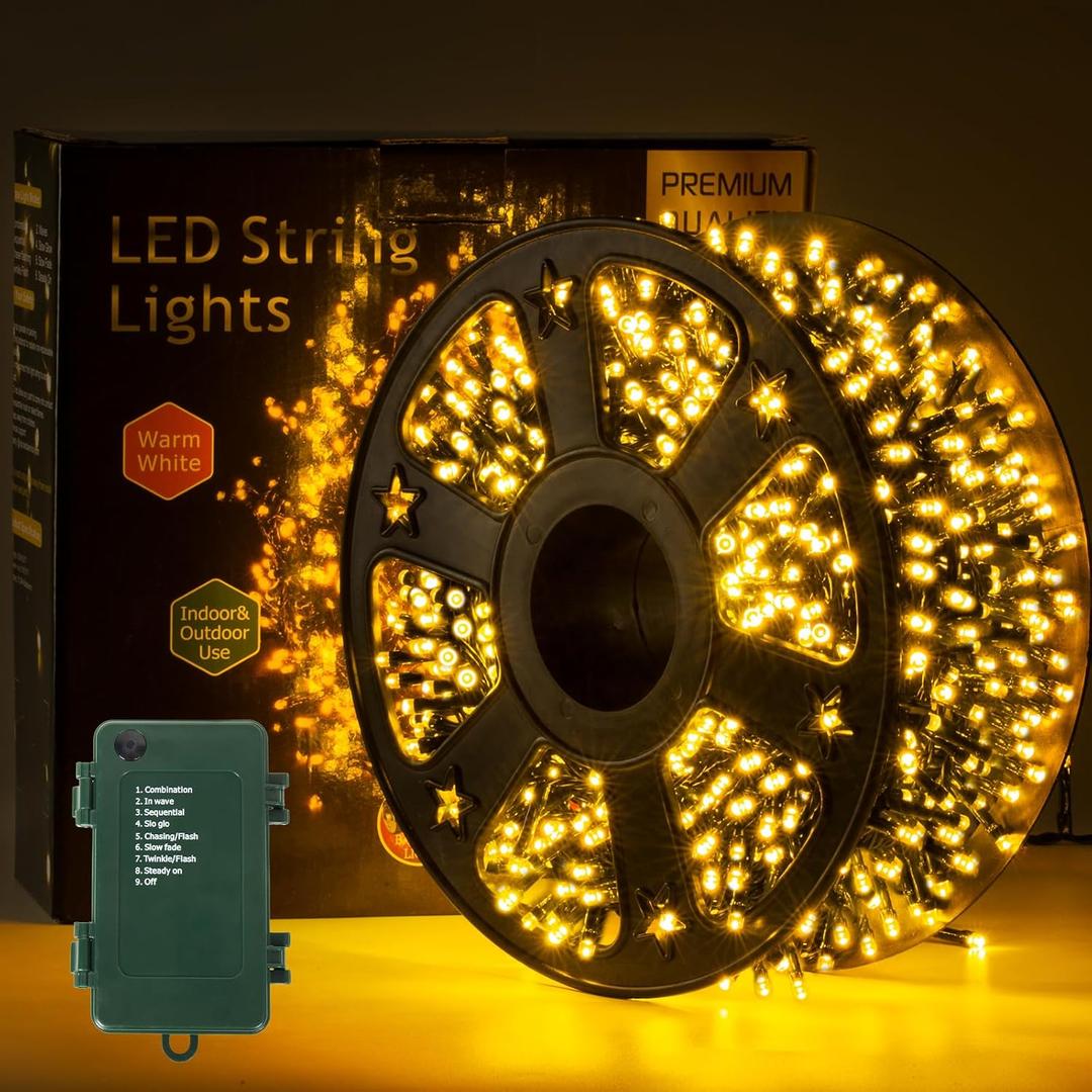 Quntis 164FT 1000LED C Battery Christmas String Lights - Super Bright Christmas Tree Lights Outdoor 8 Modes, Christmas Fairy Lights Indoor with Timer Decorations for Holiday, Xmas, Home, Warm White