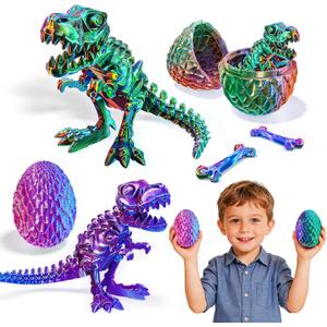 2 Packs Easter 3D Printed Dinosaur Toys for Boys 3-5 Years Skeleton T-Rex Figure with Large Storage Crystal Eggs Easter and Birthday Gifts Fidget Toys for 3 4 5 6 7 8 9 10 11 12 Years Old Boys Girls (Green & Purple Dinos)