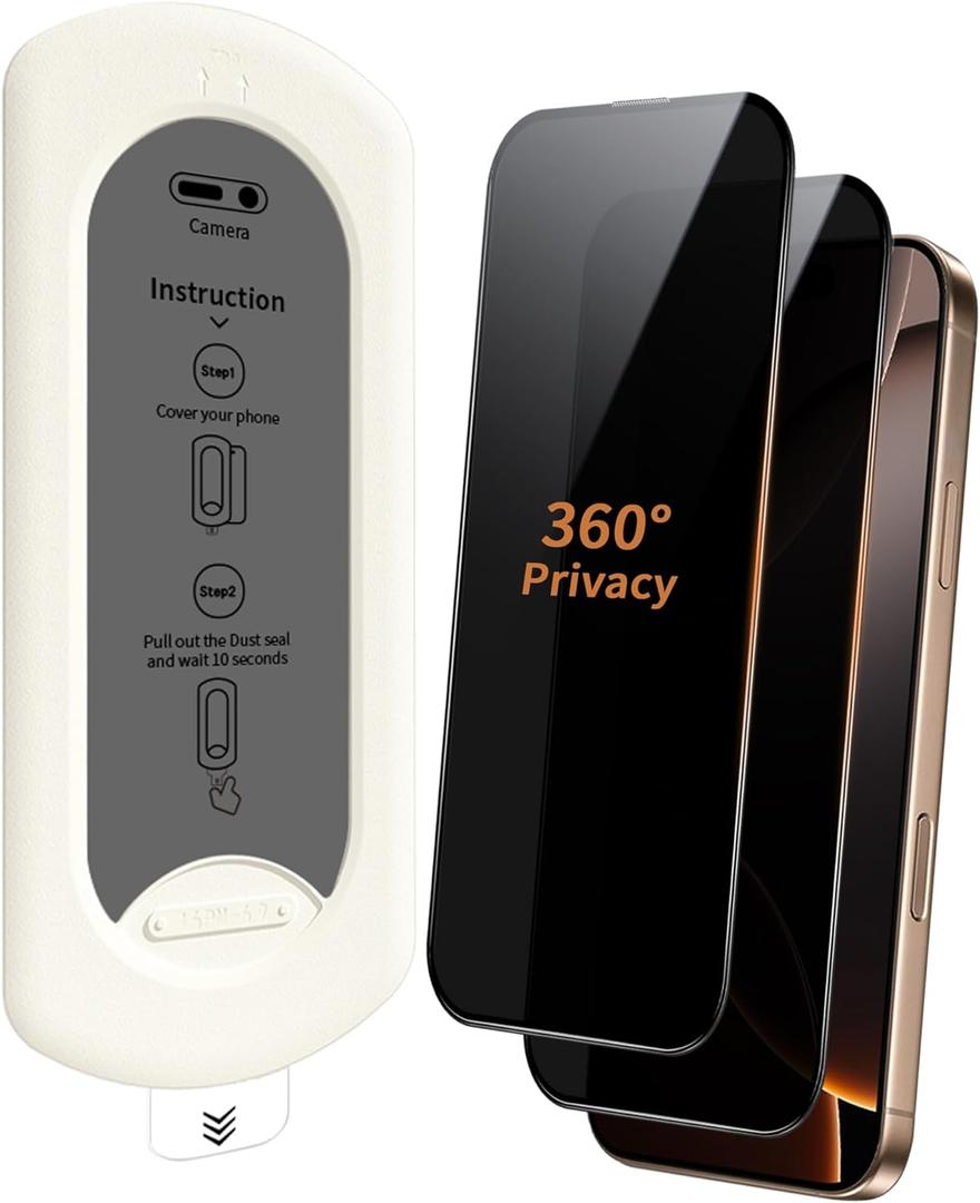 2 Pack 360 Degree for iPhone 15 Pro Max Privacy Screen Protector, 4-Way Private Anti-Spy Tempered Glass Film with Auto Alignment Dust Free Bubble Free, Anti-Scratch, 9H Hardness, Easy Install