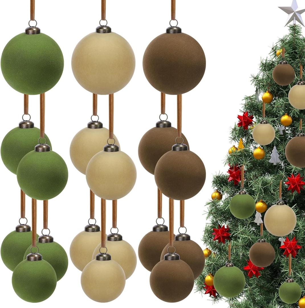 Aneco 36 Pcs Velvet Christmas Ornaments Bulk, 3 Sizes Flocked Christmas Tree Ball, Plastic Xmas Decorative Hanging Ornaments with 36 Ribbons for Xmas Holiday Wreath Tree Decor (Green, Beige, Brown)