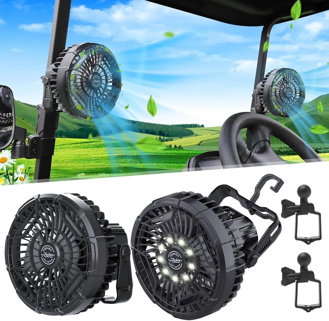 Roykaw Golf Cart Portable Rechargeable Fan Compatible with EZGO Club Car Yamaha, 10400mAh Battery Operated, 3-Gear Speed/LED Lantern, Cordless Fan with Remote/Handle/Hang Hook, USB & Type C Port