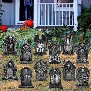 Xuhal 7 Pcs Halloween Decorations Outdoor Tombstone Yard Signs Skull Rip Tombstone Beware Warning Sign with 24 Pcs Lawn Stake Gravestone Headstone Yard Sign for Halloween Garden Decoration(Skull)