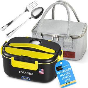 FORABEST Heated Lunch Box, 80W Electric Lunch Box for Adults, Portable Food Warmer with 1.5L Stainless Steel Container, Utensils & Carry Bag, On/Off Switch, 12V/24V Car/Truck & 110/120V Home/Office (Black Yellow)
