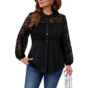 Plus Size Blouse for Women - Elegant Lace Flowy Tunic Tops Dressy Casual Long Sleeve Button Down Shirts (XL)