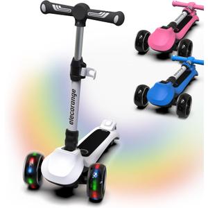 Elecorange T200/T500 Balance Electric Scooter for Kids Age 4-9, 2 Types Front Wheels, Electric Horn, Full Body Lights Up, Wide Deck, 5Mph Safe Speed, 70min Riding, Foldable Kick Scooter Boys & Girl (T200-Entry level, Pearl)