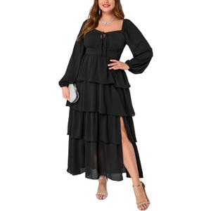 EYWOL Womens Plus Size Floral Tiered Ruffle Long Sleeve Evening Party Wedding Guest Dress (Black, M)