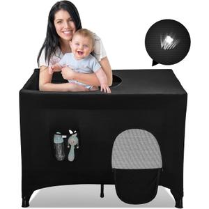 Poudee Pack n Play Blackout Cover Travel Crib Blackout Cover Breathable Blackout Tent for Travel Crib Portable Stretchy Netting Cover