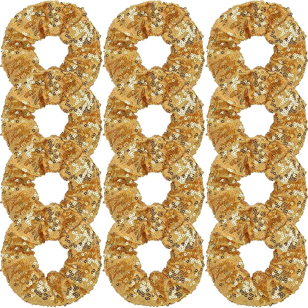 12 Pcs Gold Sequin Scrunchies Bridesmaid Scrunchies Elastics Ponytail Holders Hair Wrist Ties Bands Cloth Scrunchies for Show Gym Dance Party Club Girl Women