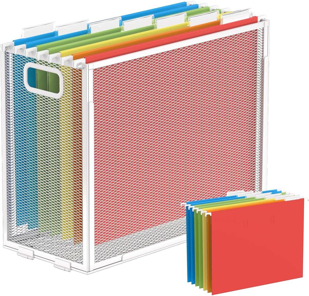 Hueilm Hanging File Organizer - Mesh File Box With Folders, Letter-Size Storage Crate for Filing Cabinet (White, 1 Pack With 7 Hanging Folders)