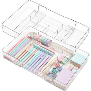 2 Pcs Large Expandable Acrylic Drawer Organizers, Grid Adjustable Drawer, Dividers Organizer for Desk, Makeup, Jewelry, Office, Kitchen Supplies (Clear,8 Compartments)