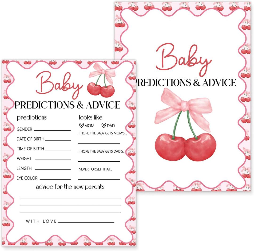 Advice For New Parents Baby Shower - Baby Predictions and Advice Cards for Baby Shower Games, Pink Bow Cherry Party Decorations Favors-Be-25 pcs, 5x7 in -B05