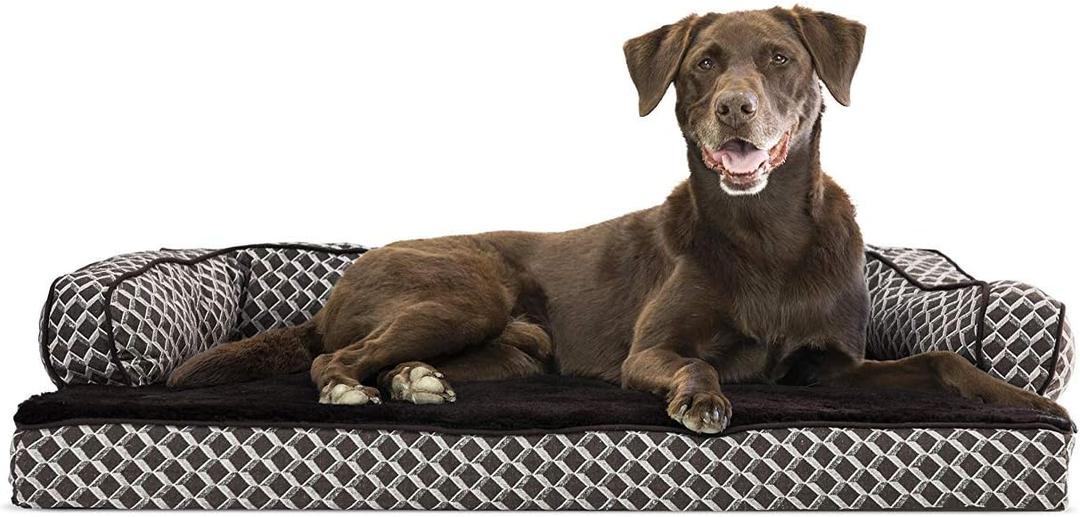 Furhaven Orthopedic Dog Bed for Large/Medium Dogs w/ Removable Bolsters & Washable Cover, For Dogs Up to 55 lbs - Plush & Woven Decor Comfy Couch Sofa - Diamond Brown, Large