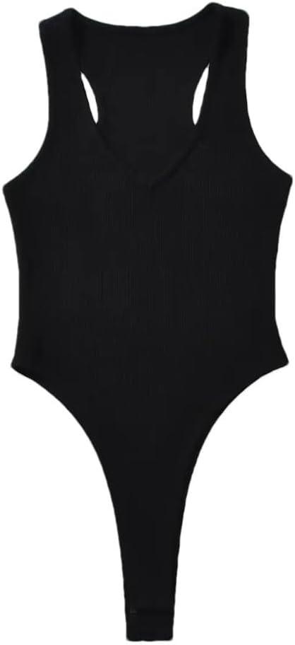 Womens V-Neck Sleeveless Bodysuits Women Knitted Stretchable Slim Jumpsuits Tops Bodysuits For Women, Size M