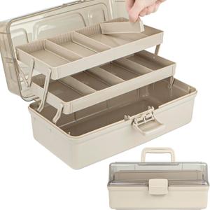 12.5in 3-Layer Multipurpose Craft Organizers and Storage with Adjustable Dividers, Portable Tackle Box, Folding Art & Craft Case for Medicine, Tool, Sewing Organizer (Brown) (Large)
