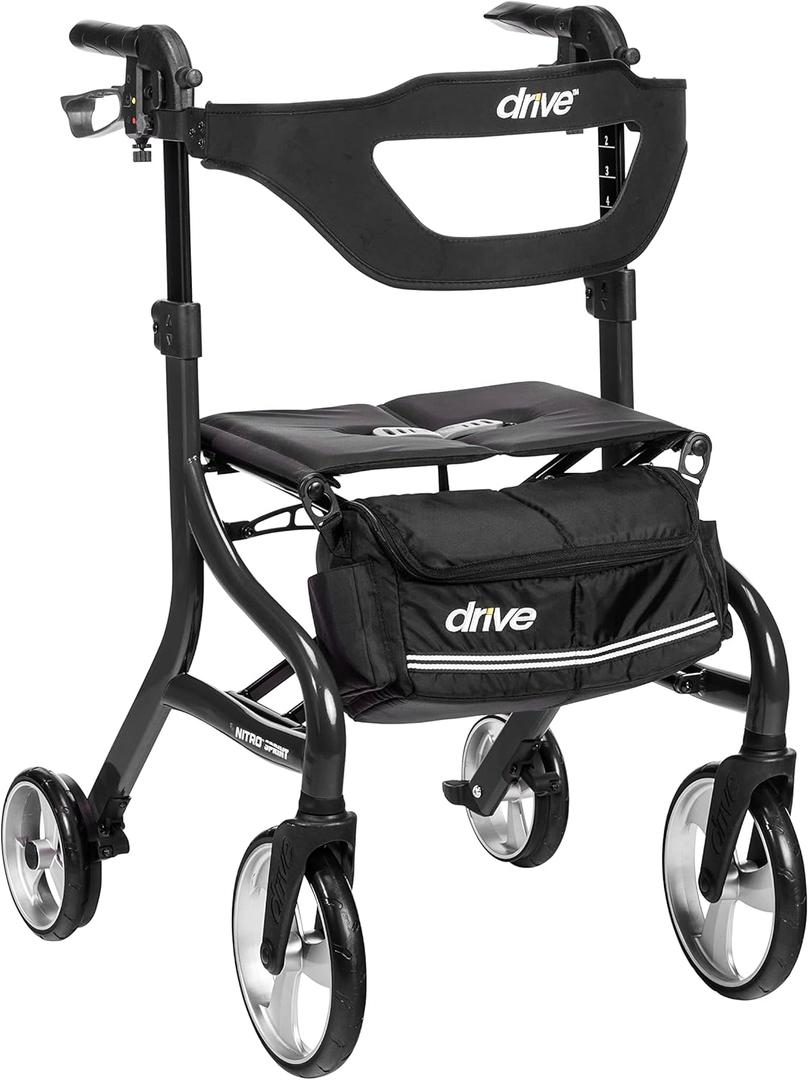 Drive Medical Nitro Sprint Foldable Rollator Walker with Seat - Lightweight Support - Large Wheels - Compact Folding Design - Adjustable Comfort - Tall Size - Black
