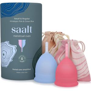 Saalt Menstrual Cup - Premium Design - Most Comfortable Period Cup - #1 Active Cup - Wear for 12 Hours - Soft, Flexible, Reusable Medical-Grade Silicone - Made in USA (Regular Blue/Small Pink)