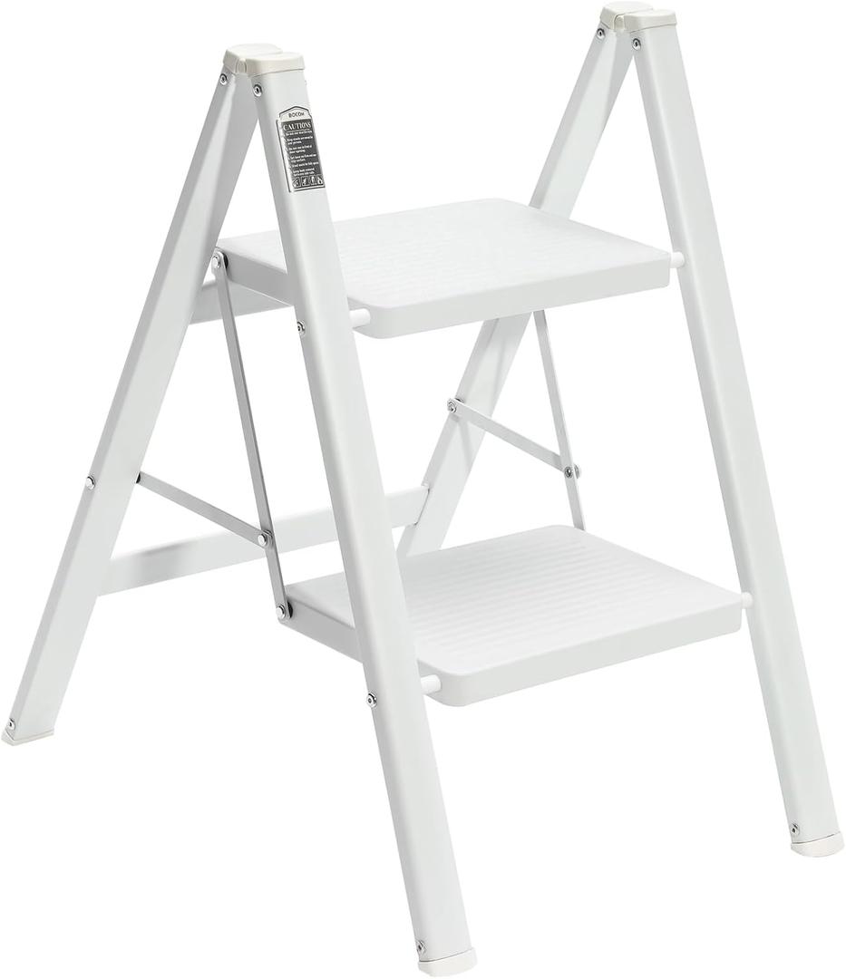 BOCOM 2 Step Ladder, Lightweight Portable Foldable Collapsible Folding Sturdy Iron Metal Step Stool with Anti-Slip Wide Pedal, Heavy Duty 330 lbs Capacity, for Home, Kitchen, Closet, Adults, White