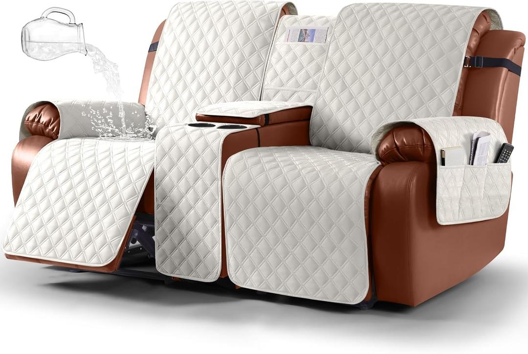 Ruaozz Waterproof Loveseat Recliner Cover with Console Non-Slip Reclining Couch Covers Split Sofa Slipcovers with Elastic Straps Furniture Protector for Kids, Dogs, Pets (Beige,2 Seater)